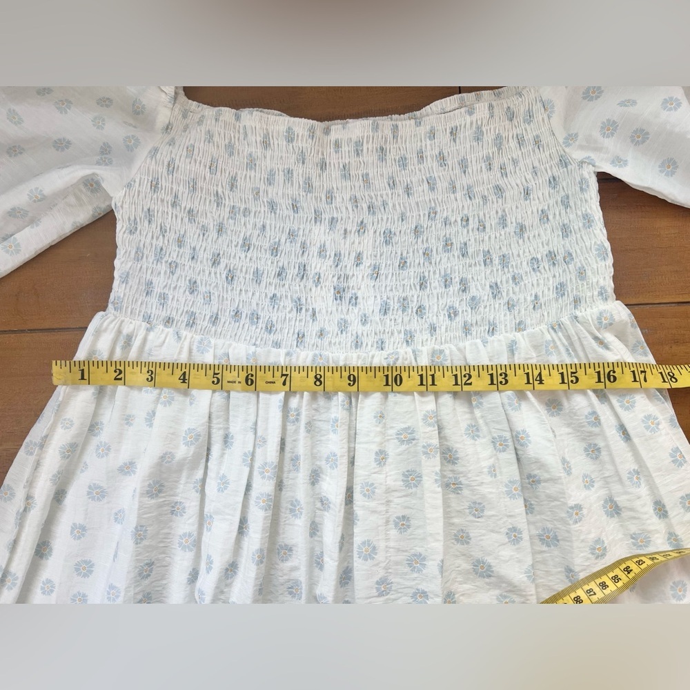 Girl And The Sun Lucia White Blue Flowered Smocked Babydoll Mini DressDress - Picture 15 of 16